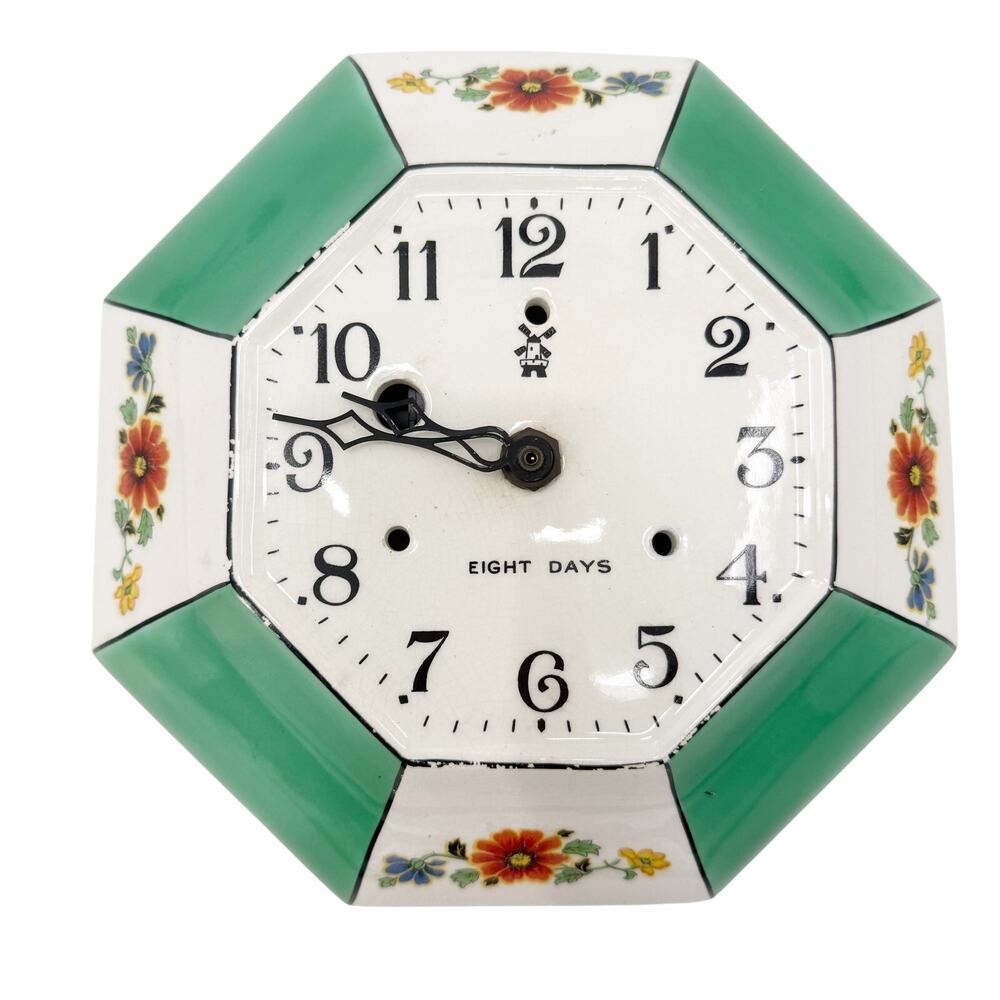 vintage green white floral octagon Wall Clock battery powered ceramic Eight Days